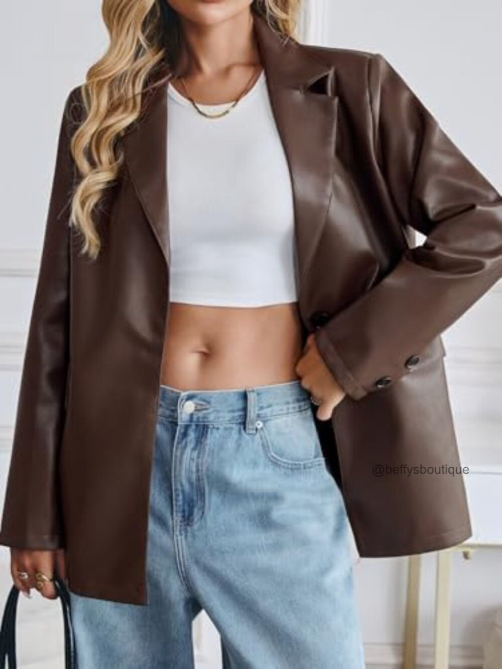 Oversized Faux Leather Bomber Blazer Jacket Button Down Lapel Coat - Picture 4 of 7